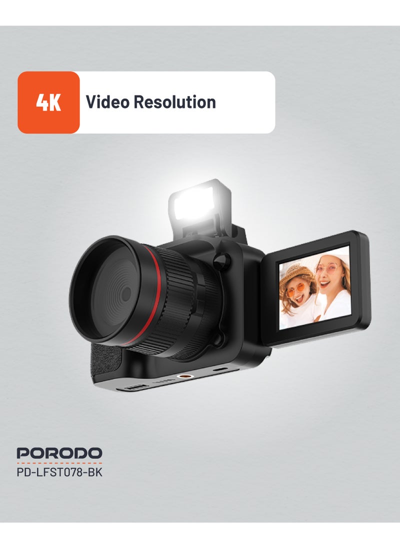 porodo - 50MP Digital Camera with 16x Zoom and Flip Flash / 2.2" Screen/ 4K Video / 180° Flip Screen for selfies - Black - Image 1