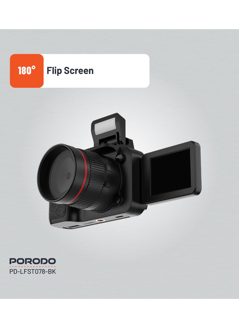 porodo - 50MP Digital Camera with 16x Zoom and Flip Flash / 2.2" Screen/ 4K Video / 180° Flip Screen for selfies - Black - Image 1