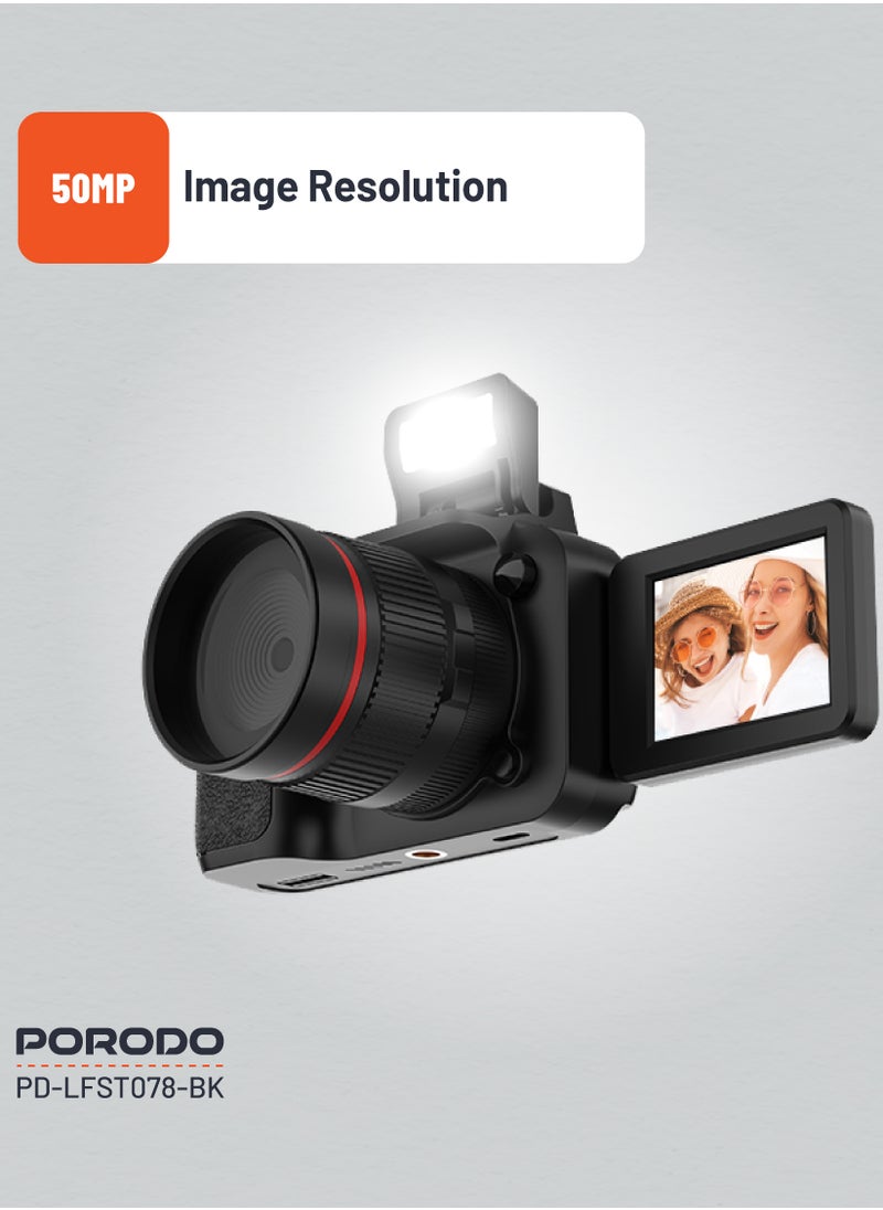 porodo - 50MP Digital Camera with 16x Zoom and Flip Flash / 2.2" Screen/ 4K Video / 180° Flip Screen for selfies - Black - Image 1