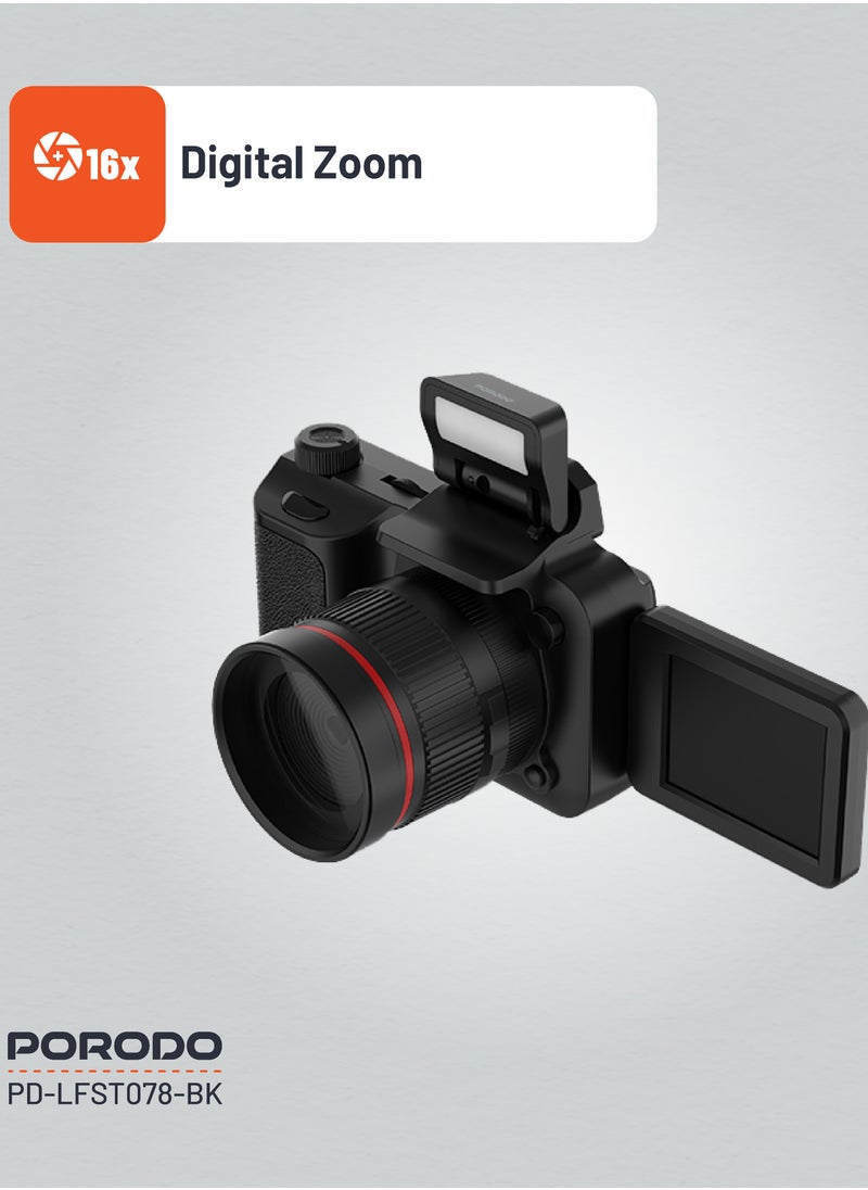 porodo - 50MP Digital Camera with 16x Zoom and Flip Flash / 2.2" Screen/ 4K Video / 180° Flip Screen for selfies - Black - Image 1