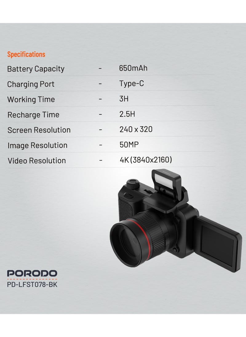 porodo - 50MP Digital Camera with 16x Zoom and Flip Flash / 2.2" Screen/ 4K Video / 180° Flip Screen for selfies - Black - Image 1