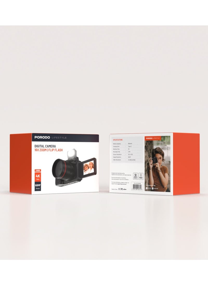 porodo - 50MP Digital Camera with 16x Zoom and Flip Flash / 2.2" Screen/ 4K Video / 180° Flip Screen for selfies - Black - Image 1