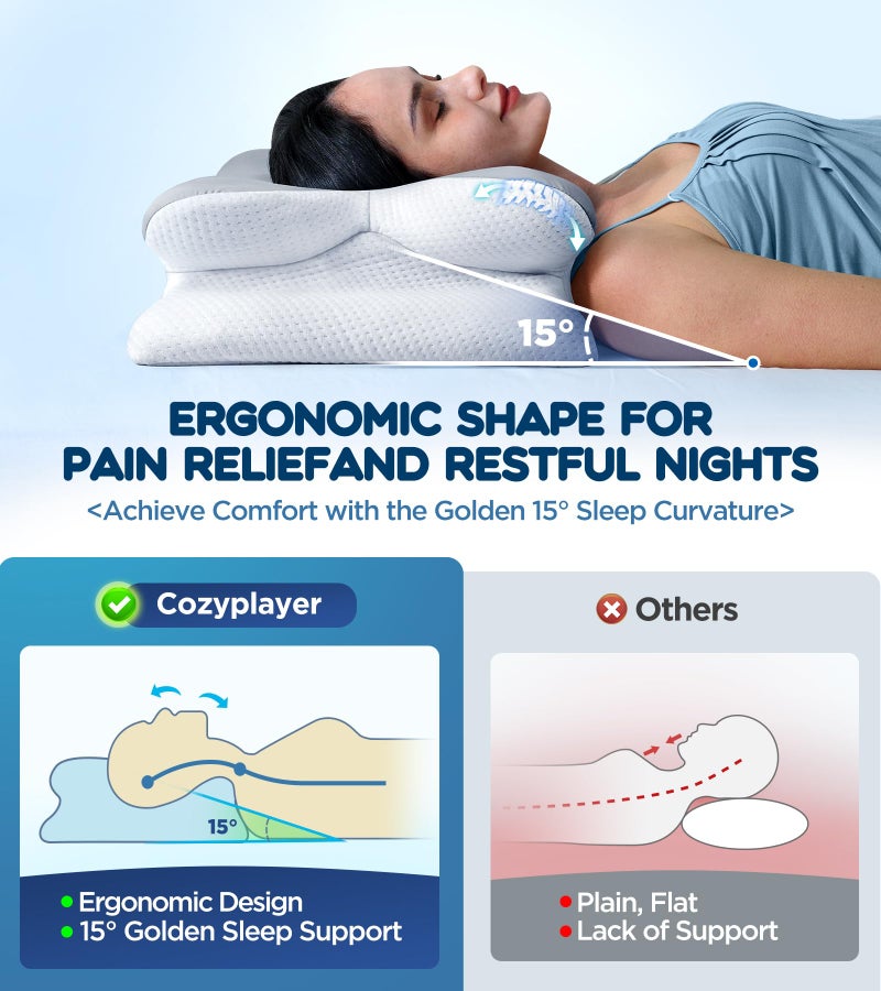 Cozyplayer Effective Pain Relief Cervical Neck Pillow for Sleeping, Ergonomic Cooling Side Sleeper Pillow for Neck Support, Odorless Orthopedic Contour Memory Foam Pillows, Bed Pillow for Back Stomach Sleeper - Image 3
