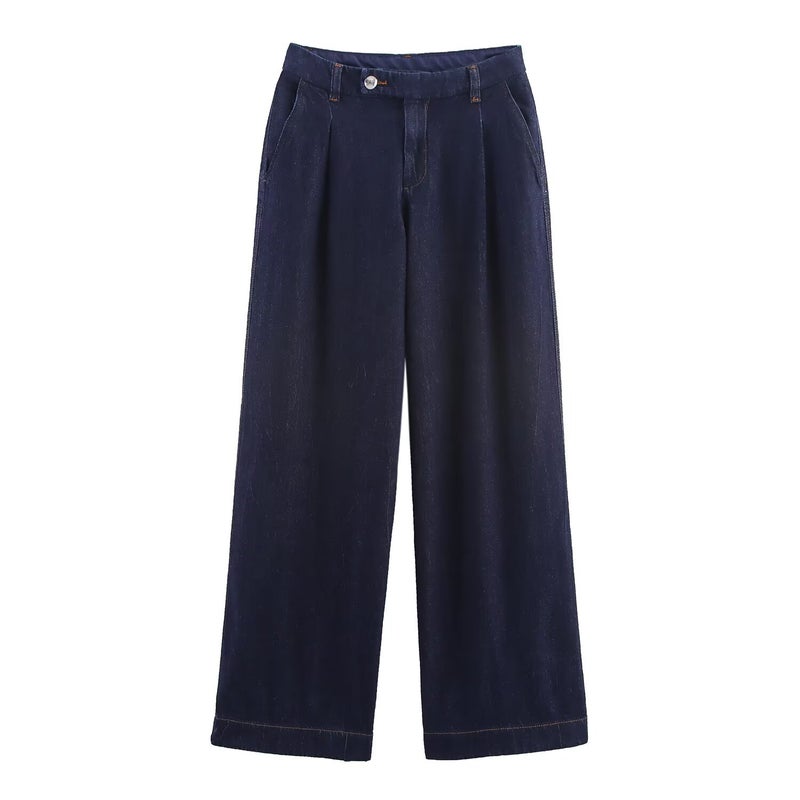 Clothing 2025 Autum New Fashion Dark Blue Mid-Waist Loose Wide-Leg Jeans Pants - Image 1