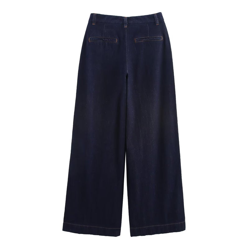 Clothing 2025 Autum New Fashion Dark Blue Mid-Waist Loose Wide-Leg Jeans Pants - Image 3