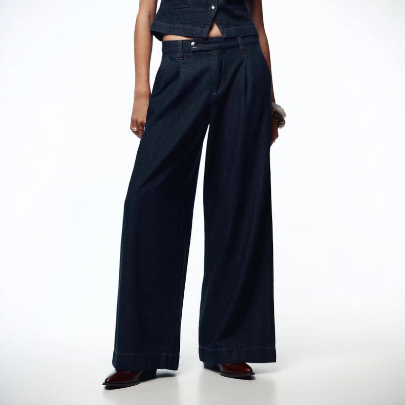 Clothing 2025 Autum New Fashion Dark Blue Mid-Waist Loose Wide-Leg Jeans Pants - Image 2