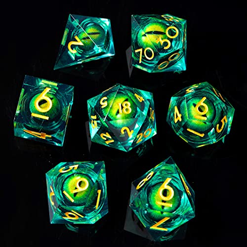 YEMEKO BeholderS Eye DND Dice Dragon Eye Liquid Core Sharp Edge Handmade Dice Set for Dungeons and Dragons Ttrpg MultiSided RPG Polyhedral Resin Roleplaying Green Dragon Eyes - Image 1