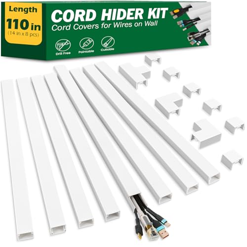 AZEN Cord Hider Kit 110in Cord Covers for Wires on Wall Paintable Wire Covers for Cords on Wall SelfAdhesive Cable Hider Cord Organizer Wire Hiders 8X L14in X W096in x H057in - Image 1