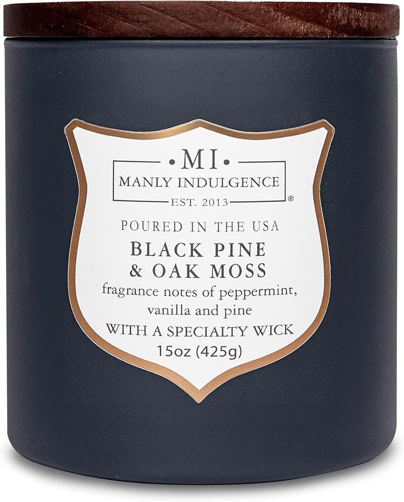 Manly Indulgence Black Pine Oakmoss Scented Candles for Men, 15 oz Wooden Wick, Premium Soy Blend Wax, 60H Burn, Candles for Home Scented - Made in The USA - Image 1