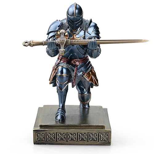 Amoysanli Medieval Armored Warrior Knight Pen Holder Desk Organizers and Accessories Resin Pencil Holder Paperweight as Gift with a Cool Letter Opener for Desk (Blue) - Image 3