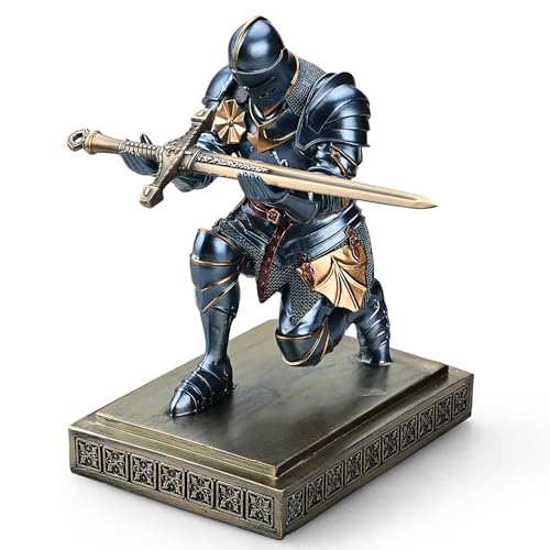 Amoysanli Medieval Armored Warrior Knight Pen Holder Desk Organizers and Accessories Resin Pencil Holder Paperweight as Gift with a Cool Letter Opener for Desk (Blue) - Image 1