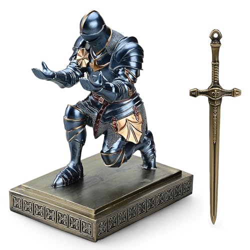 Amoysanli Medieval Armored Warrior Knight Pen Holder Desk Organizers and Accessories Resin Pencil Holder Paperweight as Gift with a Cool Letter Opener for Desk (Blue) - Image 2