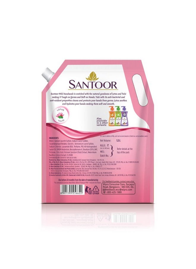 Santoor - Mild Gentle Hand Wash 1500Ml With Goodness Of Lotus & Tulsi| Rich Lathering Formula With Anti-Bacterial Properties| Soft On Hands| Soothes & Hydrates Skin - Image 1