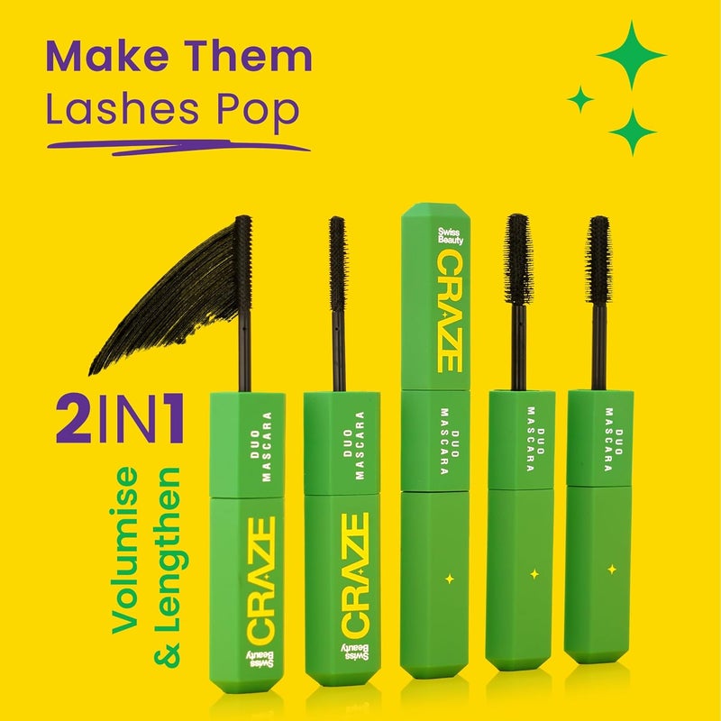 Swiss Beauty Swiss beauty Craze Duo Mascara 2in1 Lengthening and Volumizing Mascara with non clumping and non flaking finish Smudgeproof and waterproof Black 20ml - Image 2