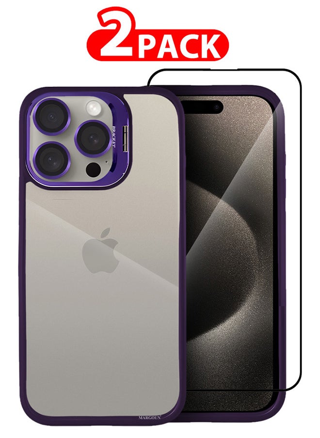 CATANES - 2 Pack iPhone 15 Pro Case Cover and Lens Protector and Screen Protector Built-in Camera Stand and Compatible with MagSafe Full Body Shockproof Case Clear Purple - Image 1