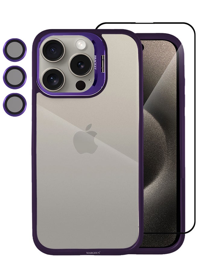 CATANES - 2 Pack iPhone 15 Pro Case Cover and Lens Protector and Screen Protector Built-in Camera Stand and Compatible with MagSafe Full Body Shockproof Case Clear Purple - Image 1