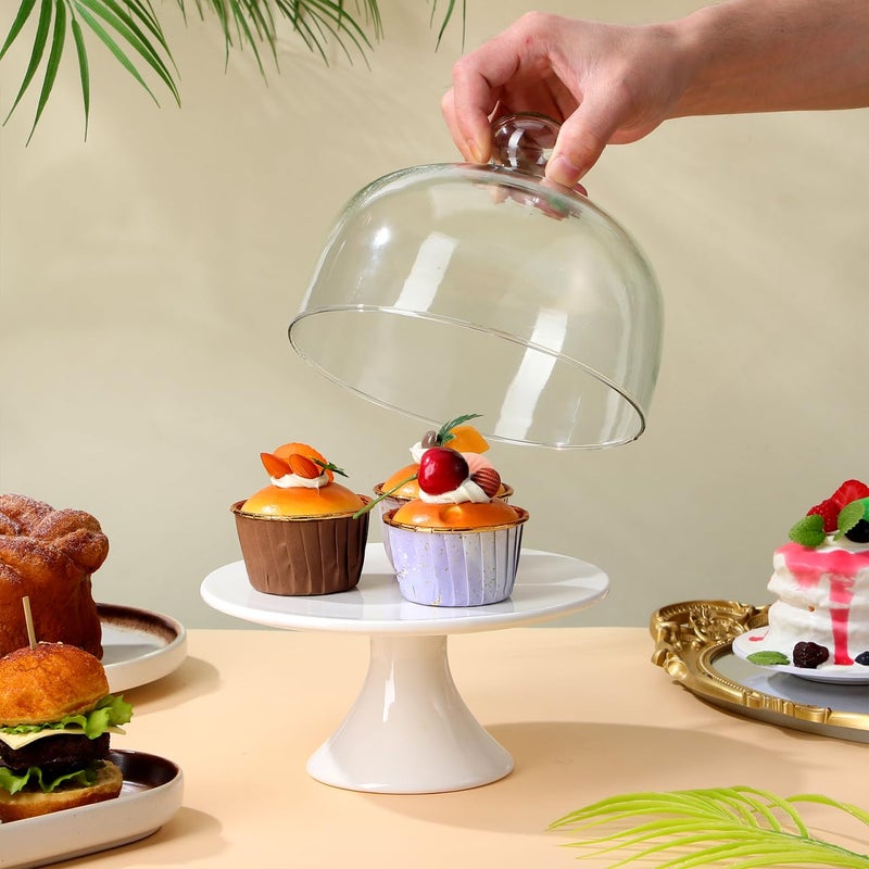 ERINGOGO Cake Stand 8 inch Ceramic Cake Stand, Footed Cake Plate with Glass Dome, Dessert Serving Platter Cheese Board, Wedding Server Tray for Pastries, Doughnuts, Muffin Wedding Decor - Image 4