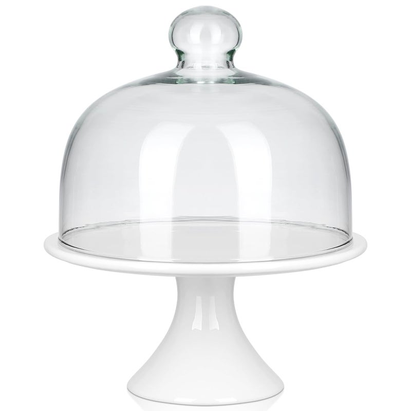 ERINGOGO Cake Stand 8 inch Ceramic Cake Stand, Footed Cake Plate with Glass Dome, Dessert Serving Platter Cheese Board, Wedding Server Tray for Pastries, Doughnuts, Muffin Wedding Decor - Image 1
