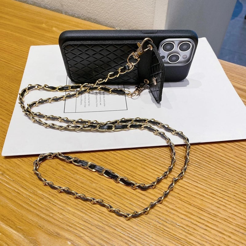 SPARKUP Crossbody Wallet Case for iPhone - Black Textured with Gold Chain, Card Holder, Strap Button Closure, Flip Kickstand, Shockproof Silicon Protective Cover (Black) (iPhone 14) - Image 5