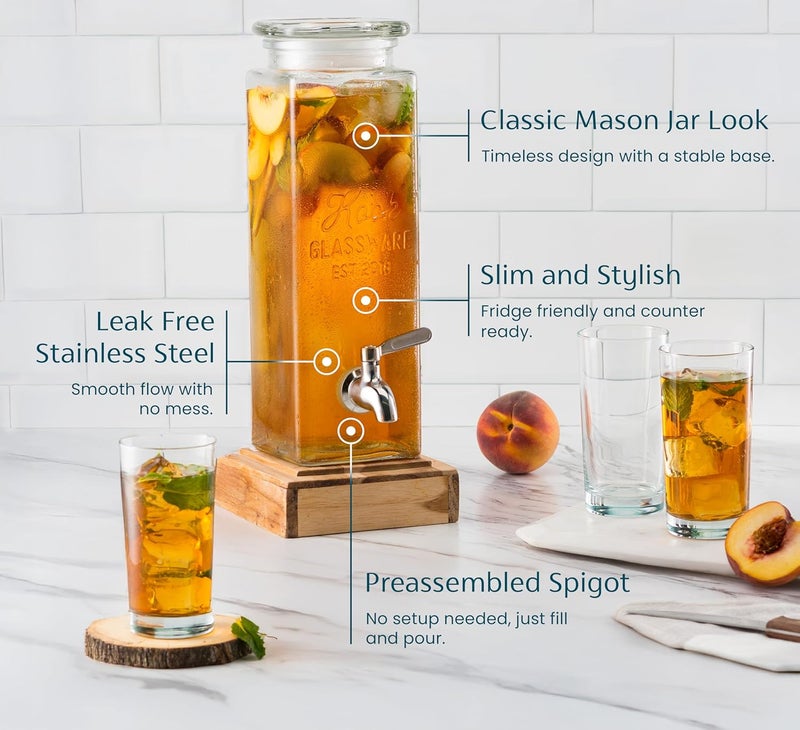Kook Glass Drink Dispenser, with Leak-Proof Stainless Steel Spigot, Clear Rectangular Mason Jar, Beverage Storage for Fridge, for Water, Iced Tea, Sangria, Lemonade, 80 oz (2) - Image 5