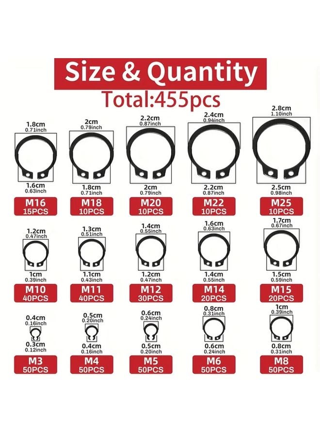 455pcs Snap Ring Assortment Set 15 Sizes Alloy Steel External Circlip Retaining Rings - Image 5