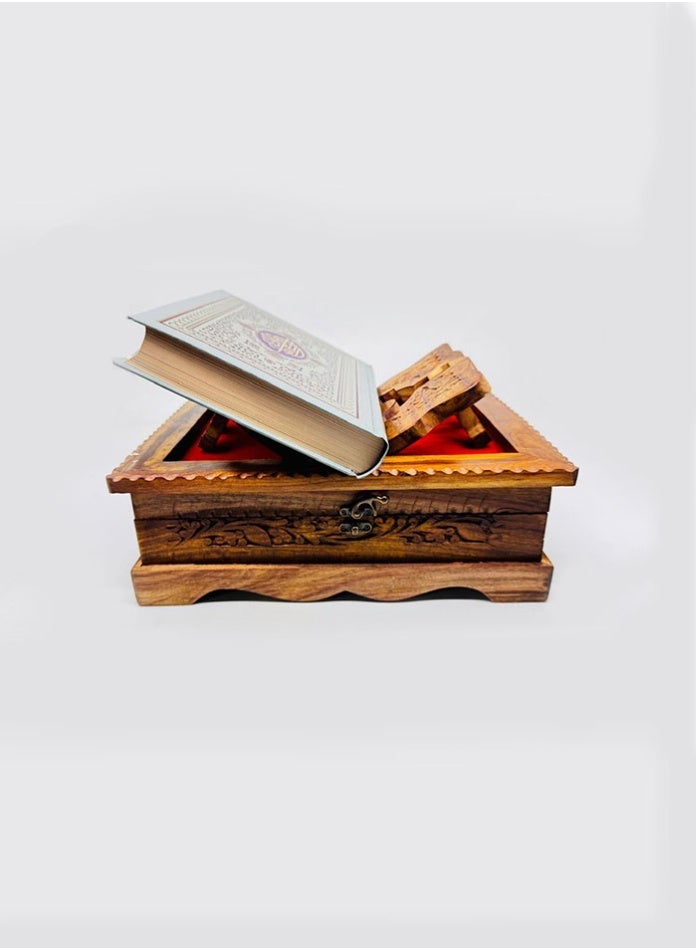 شركة مدثر علي لتجارة الجملة للبضائع ذ.م.م. صندوق مصحف خشبي بنقوش يدوية رائعة - حامل مصحف وصندوق تخزين 2 في 1 - ديكور إسلامي وحامل صلاة - Image 2