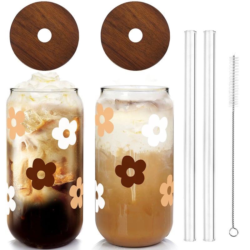 Glass Cups with Lids and Straws Can Shaped Glass Cups 20OZ Glass Cups Drinking Glasses Iced Coffee Glasses Cup Smoothie Cups Tumbler Glass Reusable Iced Coffee Cup Drinking Glasses Set of 2