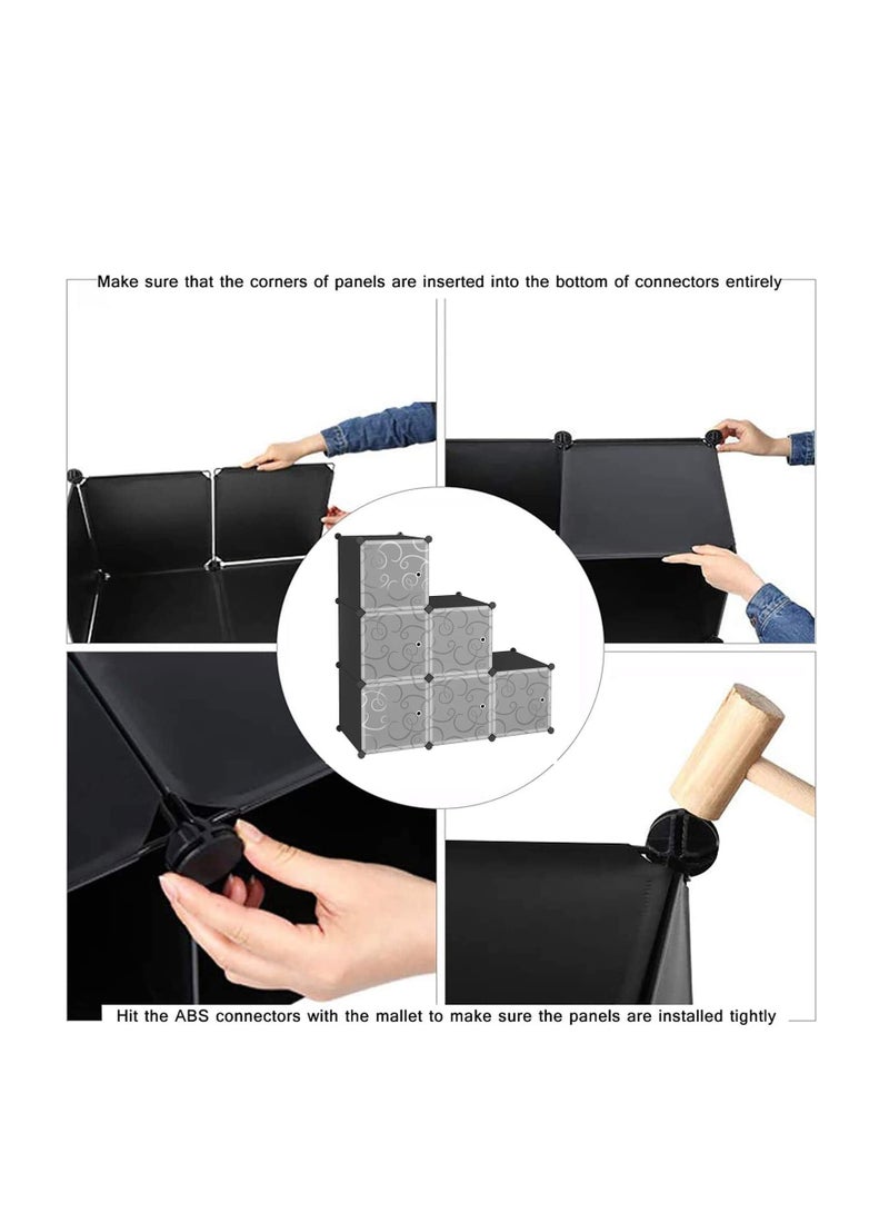 Cube Storage with Doors, 6-Cube Storage Organizer, Plastic Closet Cabinet, Modular Book Shelving Units, Storage Shelf,Ideal for Bedroom, Living Room, Office, 36.6" L x 12.4" W x 36.6" H Black