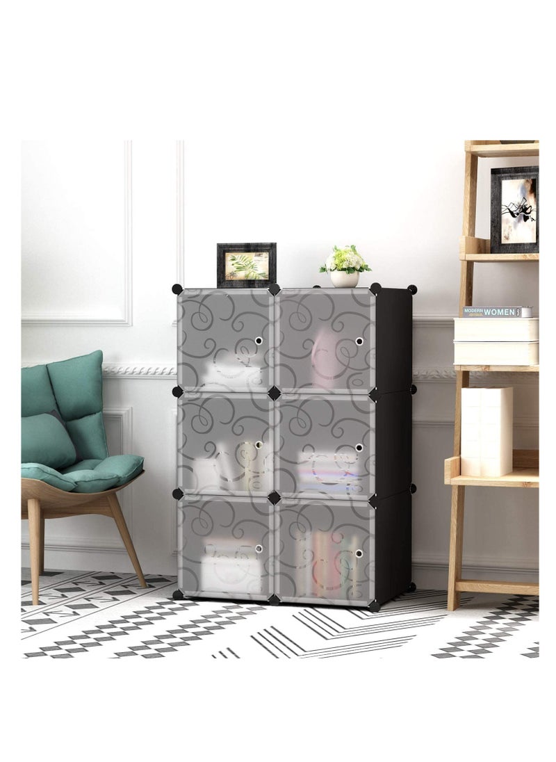 CityRiya-Long Cube Storage with Doors, 6-Cube Storage Organizer, Plastic Closet Cabinet, Modular Book Shelving Units, Storage Shelf,Ideal for Bedroom, Living Room, Office, 36.6" L x 12.4" W x 36.6" H Black  - Image 3