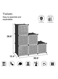 CityRiya-Long Cube Storage with Doors, 6-Cube Storage Organizer, Plastic Closet Cabinet, Modular Book Shelving Units, Storage Shelf,Ideal for Bedroom, Living Room, Office, 36.6" L x 12.4" W x 36.6" H Black  - Image 5