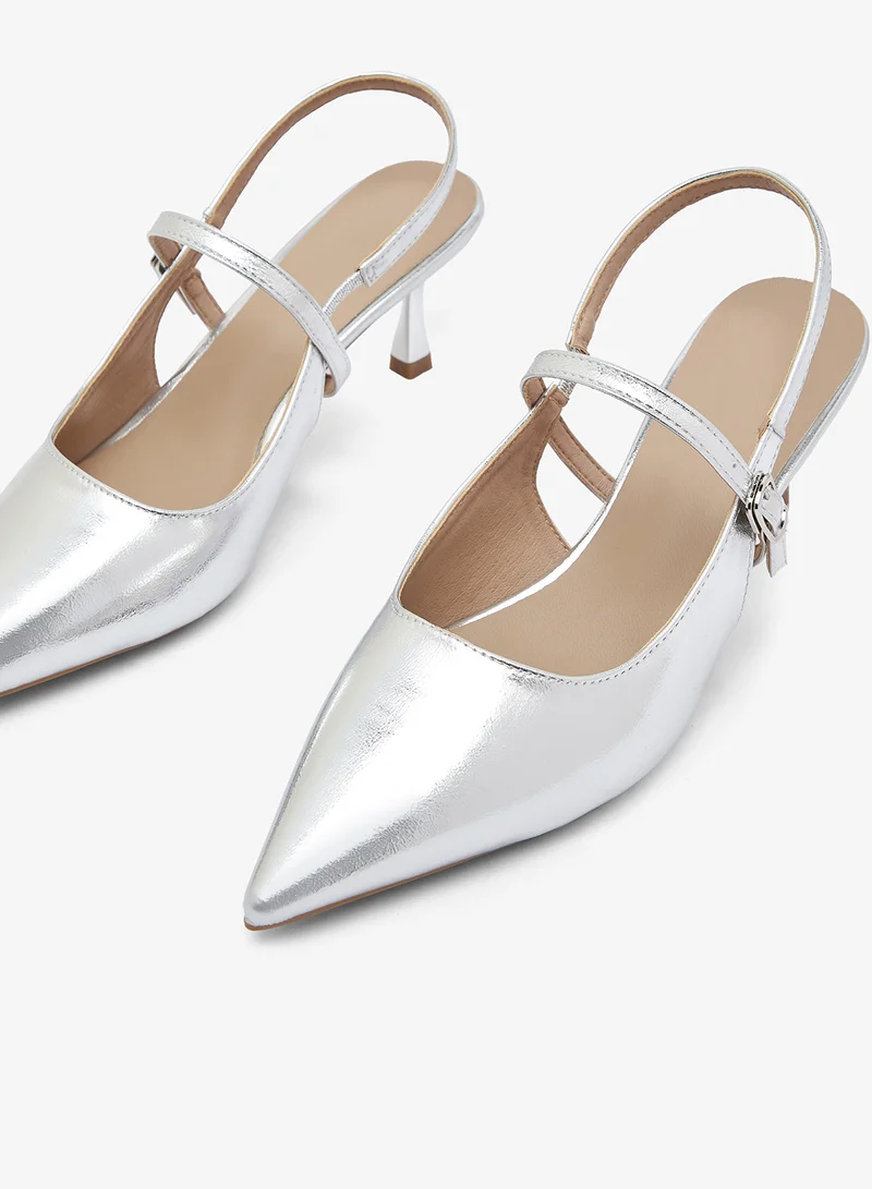 ELLA Silver Metallic Silver Sling Back Kitten Heel Pumps for Women | Best Price UAE