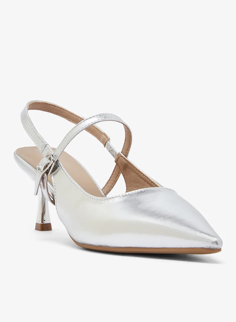 ELLA Metallic Silver Sling Back Kitten Heel Pumps