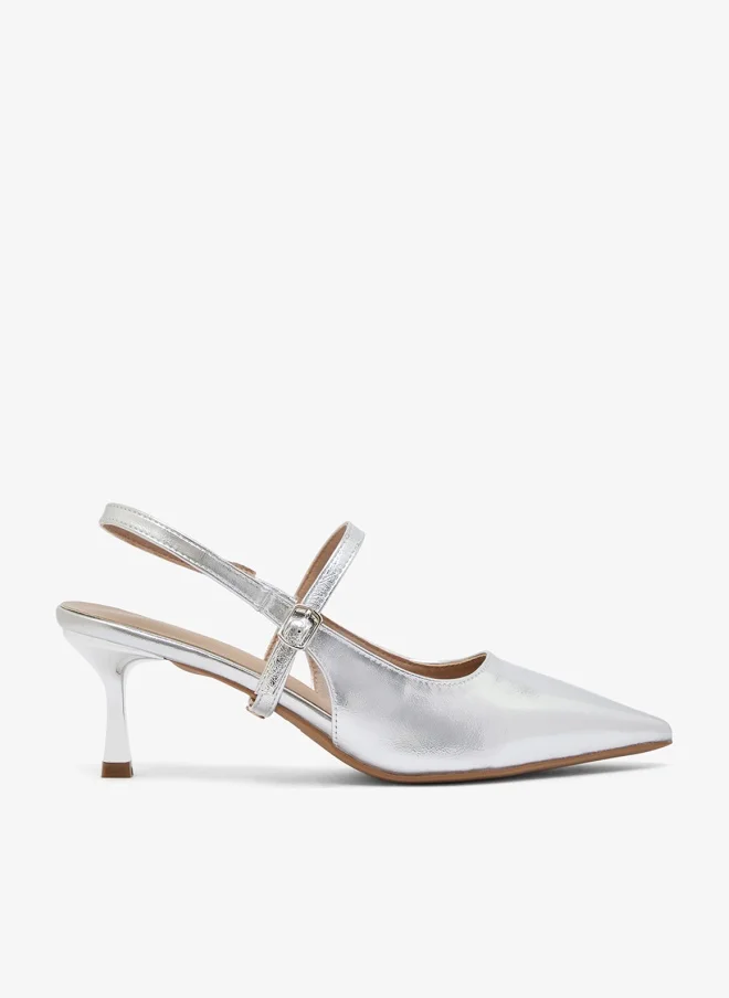 ELLA Metallic Silver Sling Back Kitten Heel Pumps