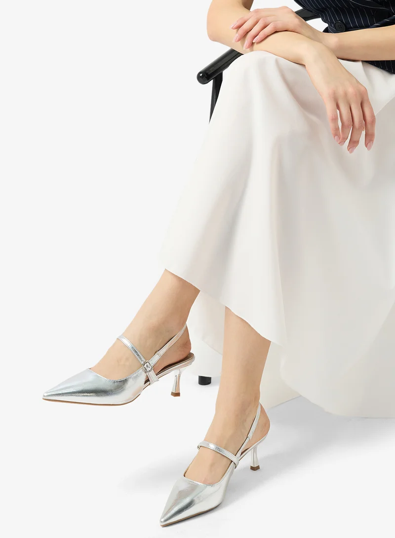 ELLA Silver Metallic Silver Sling Back Kitten Heel Pumps for Women | Best Price UAE