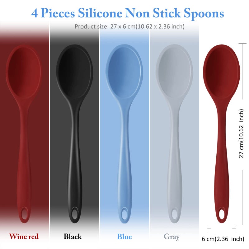 Shappy 4 Pieces Silicone Cooking Spoons 10.6 Inch Heat Resistant Kitchen Spoons for Mixing, Serving and Stirring Upgrade Large Non Stick Basting Utensils, Dishwasher Safe(Spoon,Fashionable Color) - Image 2