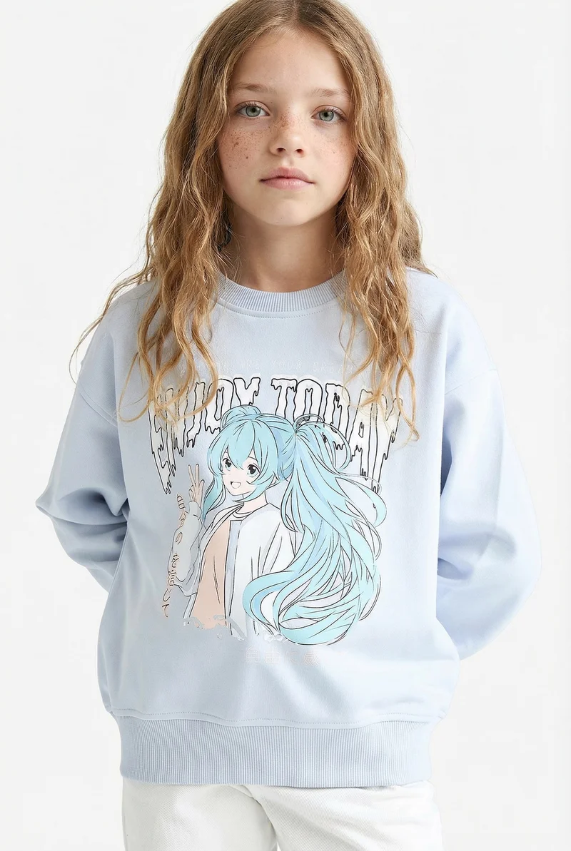 ديفاكتو Girl Relax Fit Crew Neck Anime Print Sweatshirt