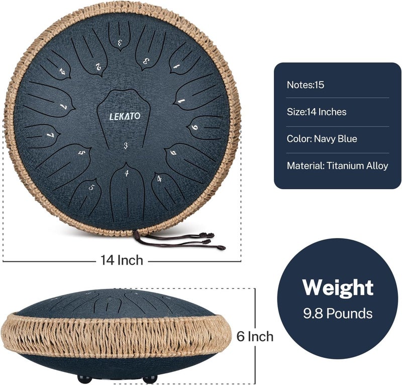 LEKATO Steel Tongue Drum 14 Inch 15 Notes Steel Drum C Key Beginner/Professional Handpan Drum Percussion for Meditation Yoga Musical Education, Best Gift for Familes/Friends - Image 3