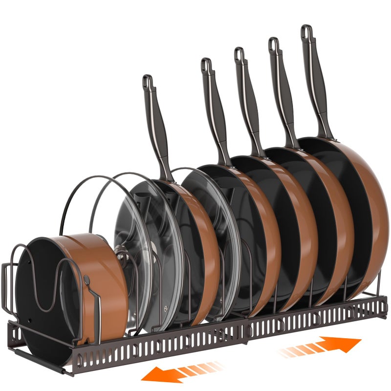 MUDEELA Pots and Pans Organizer Rack for under Cabinet, Expandable Pot Lid Kitchen Cabinet Organizer Holder with 10 Adjustable Compartment Cutting Board Organizer for Pan Lid Cookie Sheet Rack, Bronze - Image 1