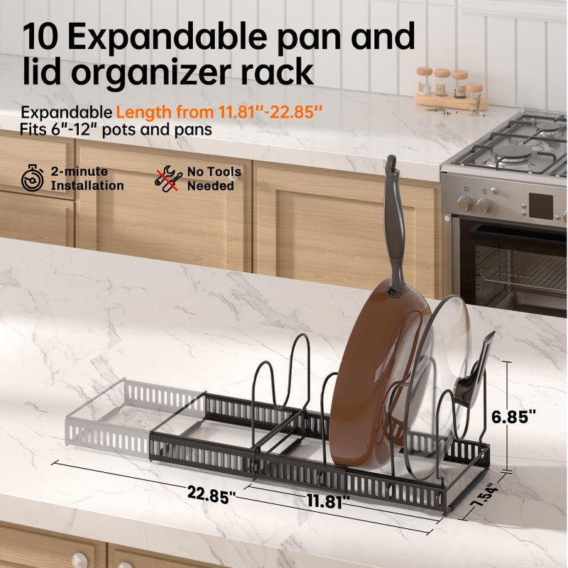 MUDEELA Pots and Pans Organizer Rack for under Cabinet, Expandable Pot Lid Kitchen Cabinet Organizer Holder with 10 Adjustable Compartment Cutting Board Organizer for Pan Lid Cookie Sheet Rack, Bronze - Image 2