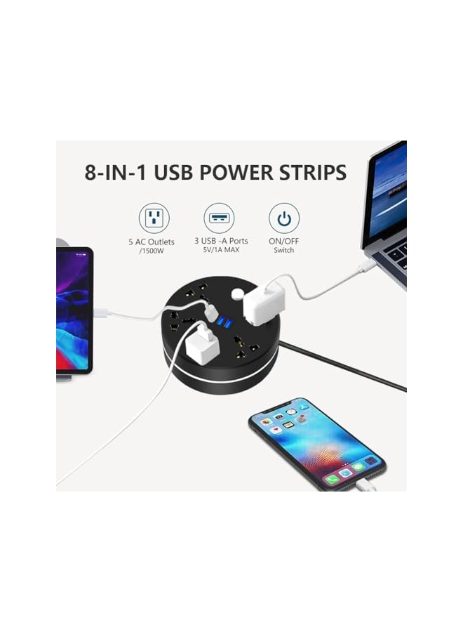 promass Concealable Power Strips Extension Cord 5 Outlets, 3 USB Ports Power Socket, Plug Extension with 2M Cord for Home Office - Image 3