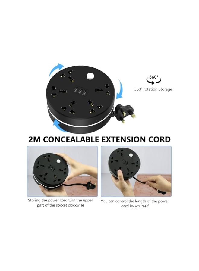 promass Concealable Power Strips Extension Cord 5 Outlets, 3 USB Ports Power Socket, Plug Extension with 2M Cord for Home Office - Image 2