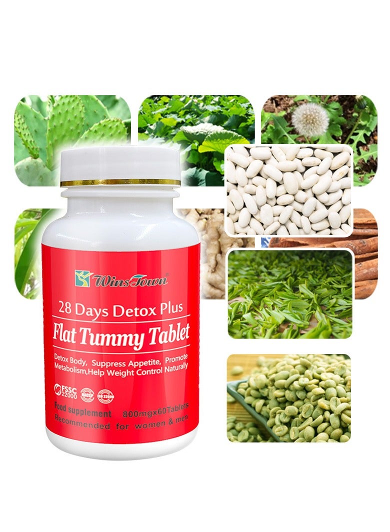 وينز تاون قرص التخلص من السموم من البطن المسطحة لمدة 28 يومًا، حبوب إنقاص الوزن، مكملات غذائية، الهضم والتمثيل الغذائي، 60 قرصًا - Image 2