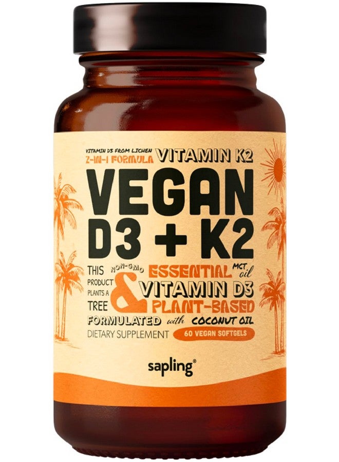 sapling Vegan Vitamin D3 + K2 Supplement with MCT Oil from Coconut - 4000 IU Vitamin D and 100mcg Vitamin K2 as Mk7 - Calcium Absorption, Bone Strength, and Immune Health Support* - 60 Softgels  - Image 1