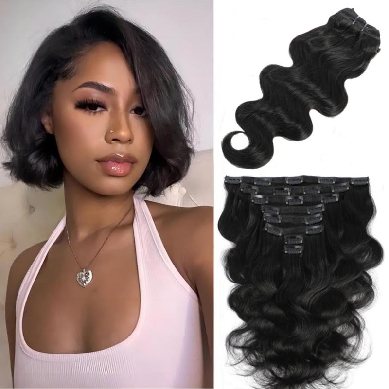 LUMIERE Clip In Hair Extensions Real Human Hair  8 Inch Glueless Body Wave Hair Extensions Clip Ins 110g Grade 10A Brazilian Remy Hair 8Pcs With 20Clips Bob Hair Thick and Soft Natural Black