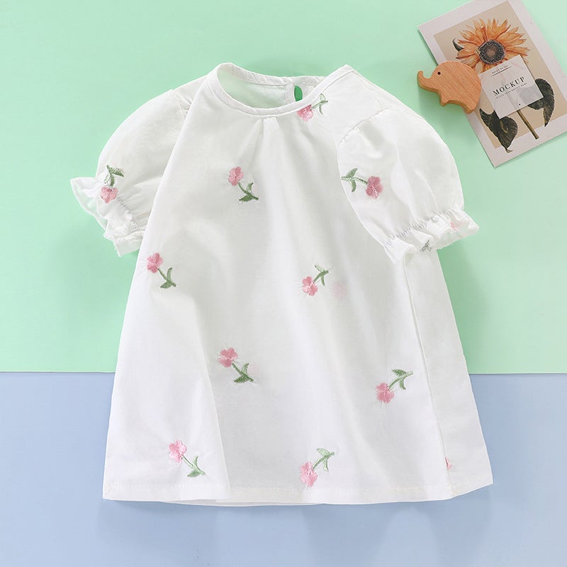Girls' T-shirt Summer 2025 New Arrival Female Baby Korean Half-Sleeve Styline Flower Sleeve Children's Pure Cotton Base Top - Image 2