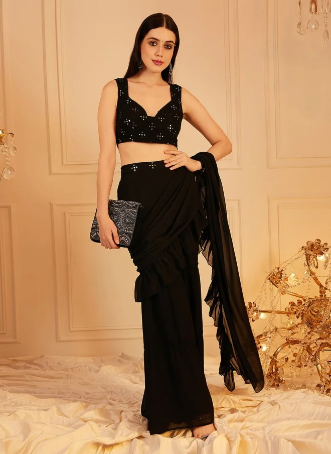 Indo Street Black Sequinned Ready To Wear Fusion Saree for Women