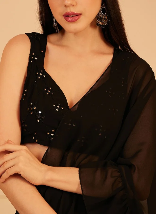 Indo Street Black Sequinned Ready To Wear Fusion Saree for Women