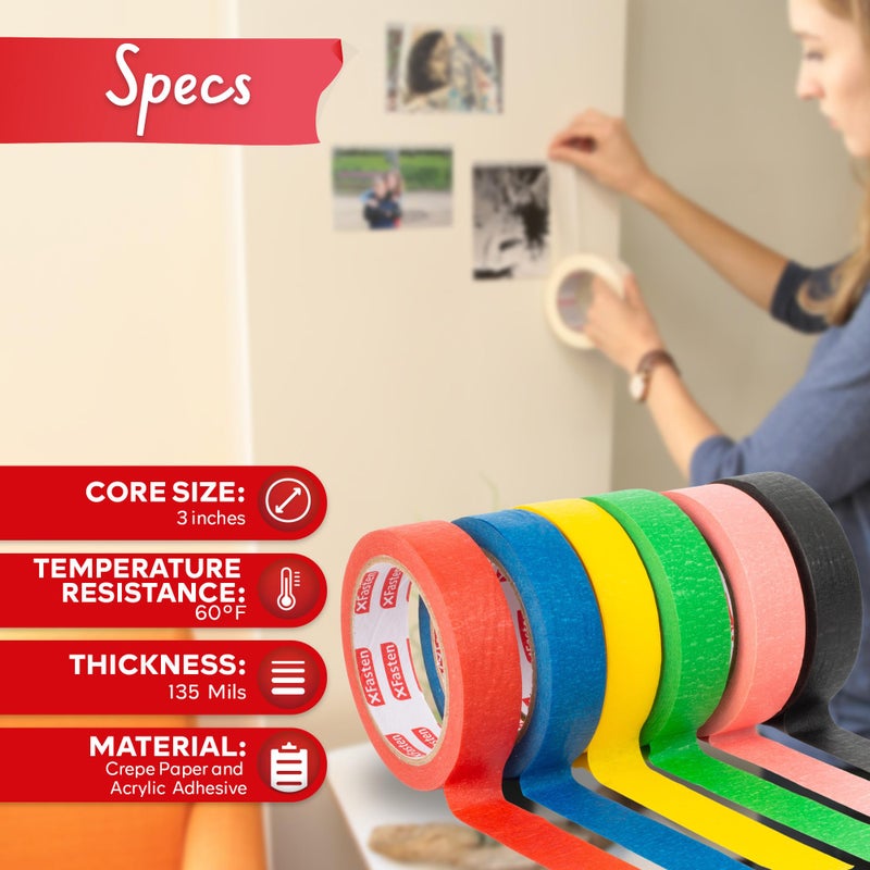 XFasten Multi Colored Painters Masking Tape Kids Craft Set, 1-Inch x 30 Yards, 6 Pack, Multicolor Masking Labelling Moving Tape Bulk for Boxes, Artists, Watercolor and Paint - Image 3