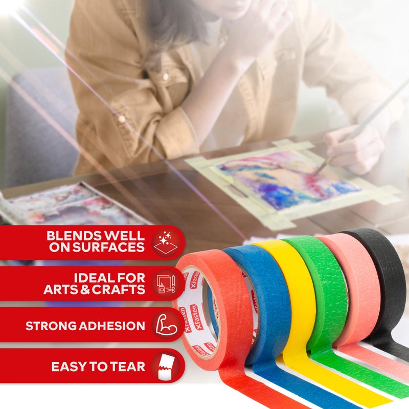 XFasten Multi Colored Painters Masking Tape Kids Craft Set, 1-Inch x 30 Yards, 6 Pack, Multicolor Masking Labelling Moving Tape Bulk for Boxes, Artists, Watercolor and Paint - Image 2
