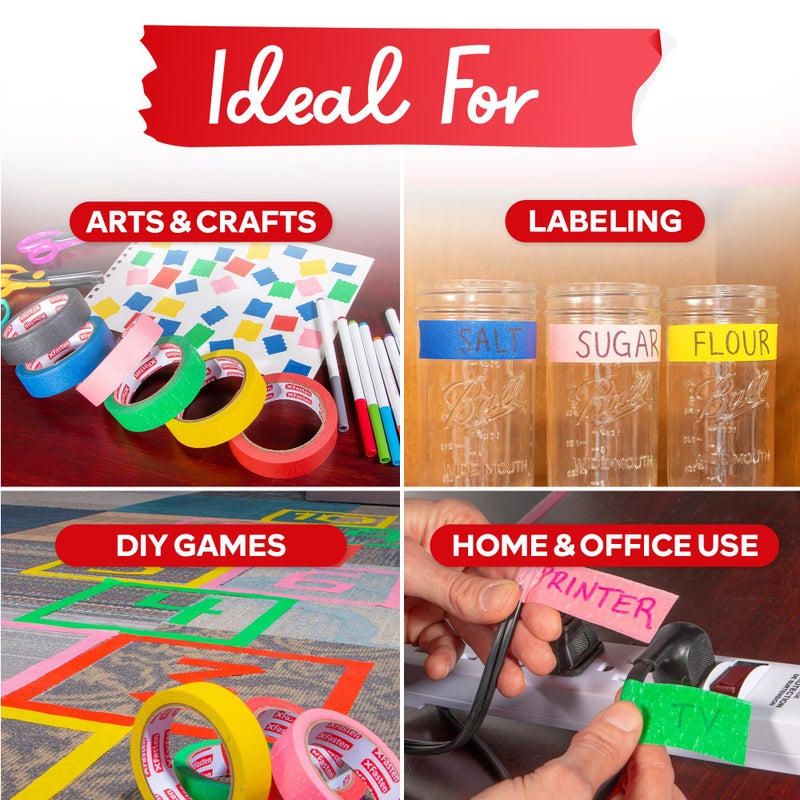 XFasten Multi Colored Painters Masking Tape Kids Craft Set, 1-Inch x 30 Yards, 6 Pack, Multicolor Masking Labelling Moving Tape Bulk for Boxes, Artists, Watercolor and Paint - Image 4